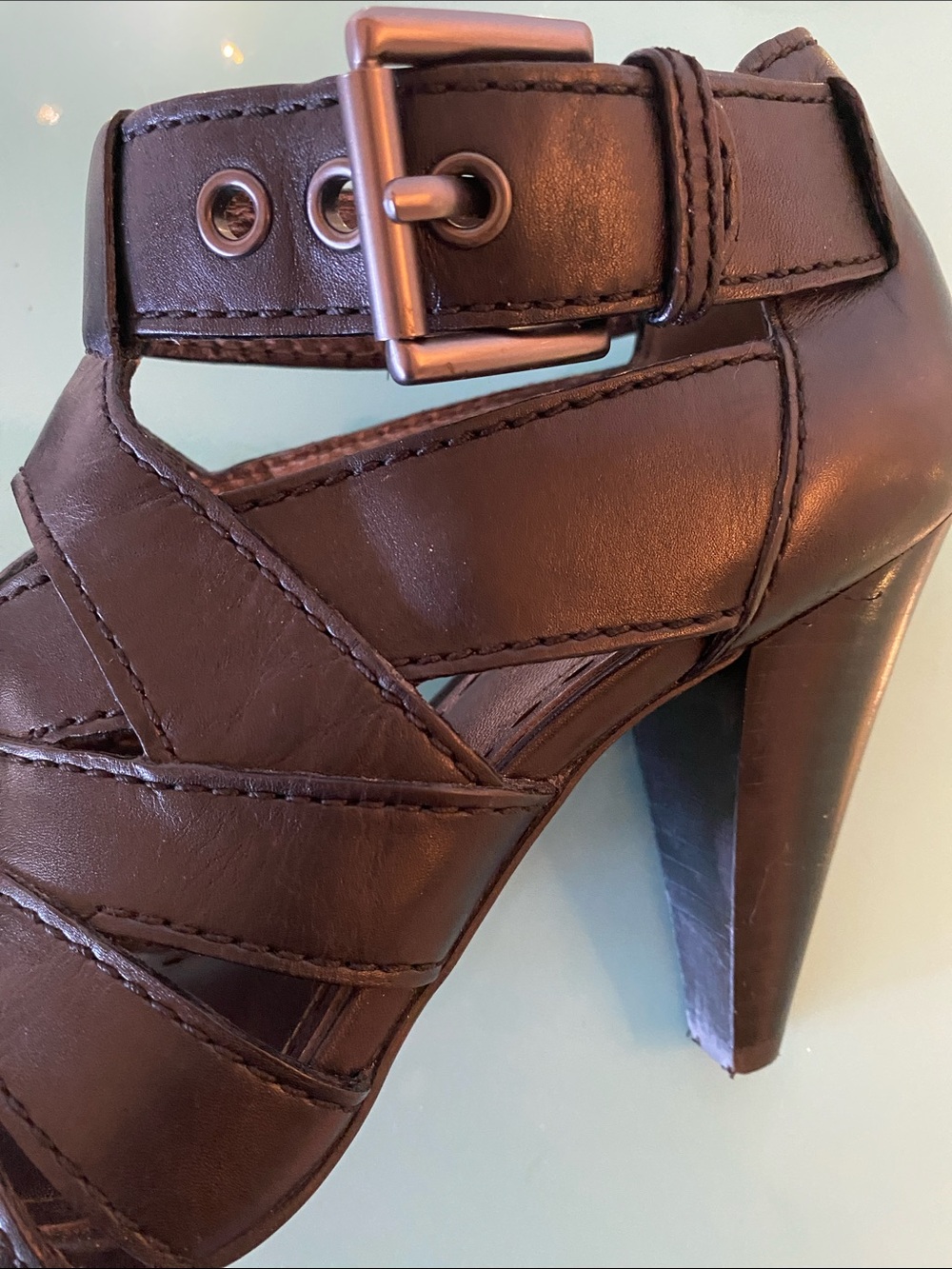 Coach Black Leather Strappy Peep-Toe Heels with Buckle - Picture 8 of 13